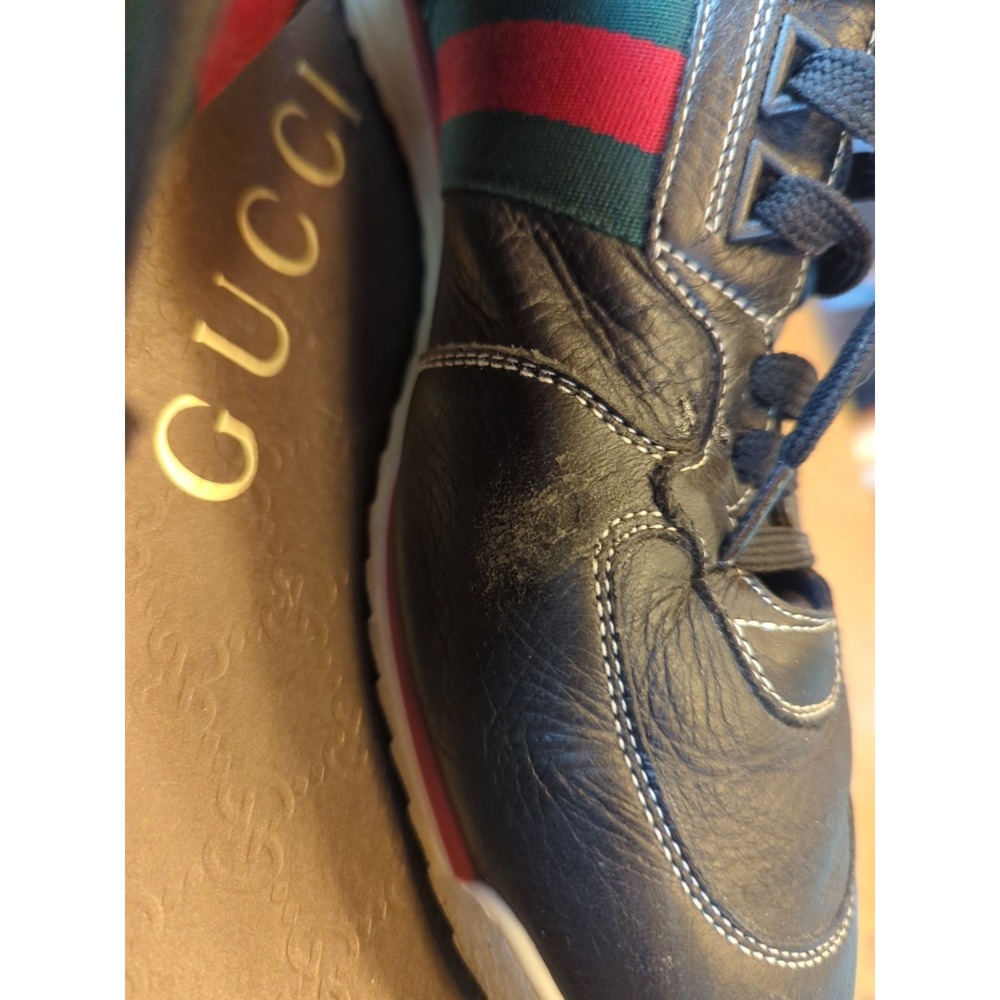 Gucci GG Web Stripe Sneakers Black Leather Size 8 US Low Top Lace-Up Trainer Box - Picture 6 of 16